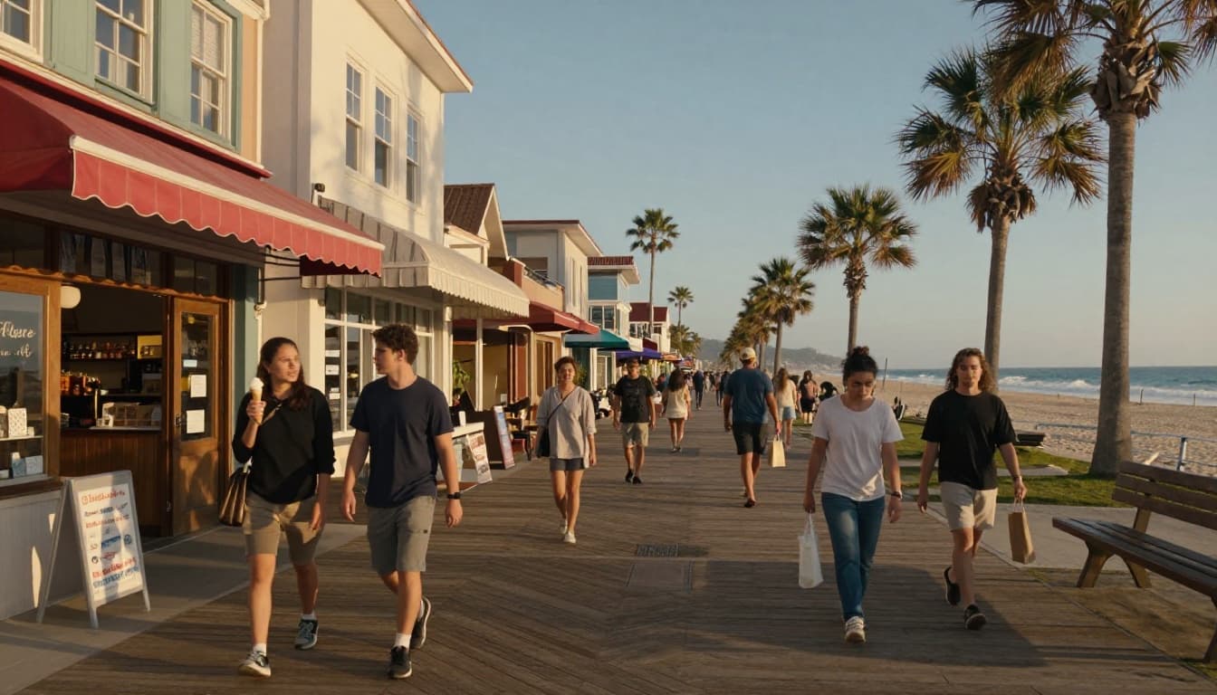 Hyperrealistic, photorealistic image of a cozy coastal boardwalk with wooden planks, quaint shops, colorful awnings, people strolling with ice cream cones, nearby ocean waves, palm trees, benches, and warm golden sunlight creating an inviting, heartwarming community vibe.