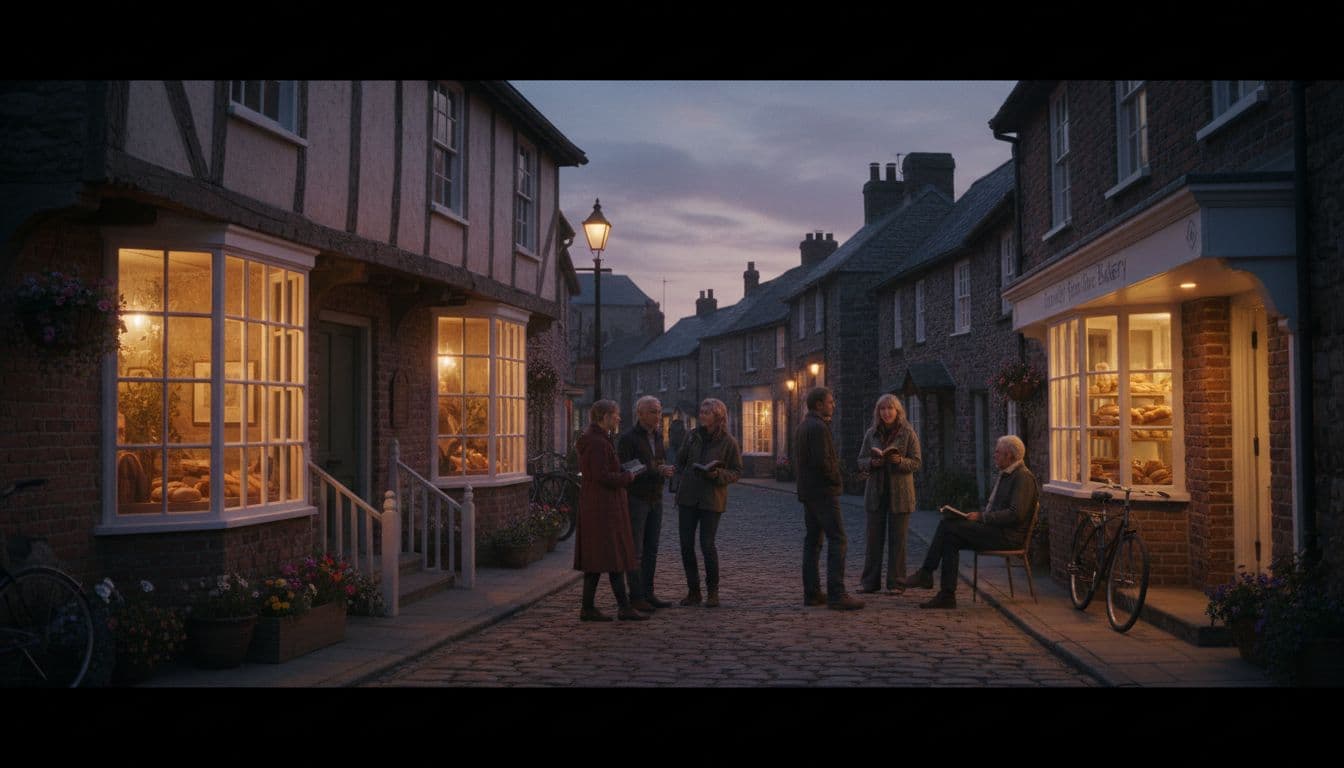 Hyperrealistic cinematic scene of a cozy small coastal town street at dusk, with a charming cafe glowing with warm lights, people chatting at a book club gathering outside, and a family-run bakery nearby, evoking a tight-knit neighborhood feel.