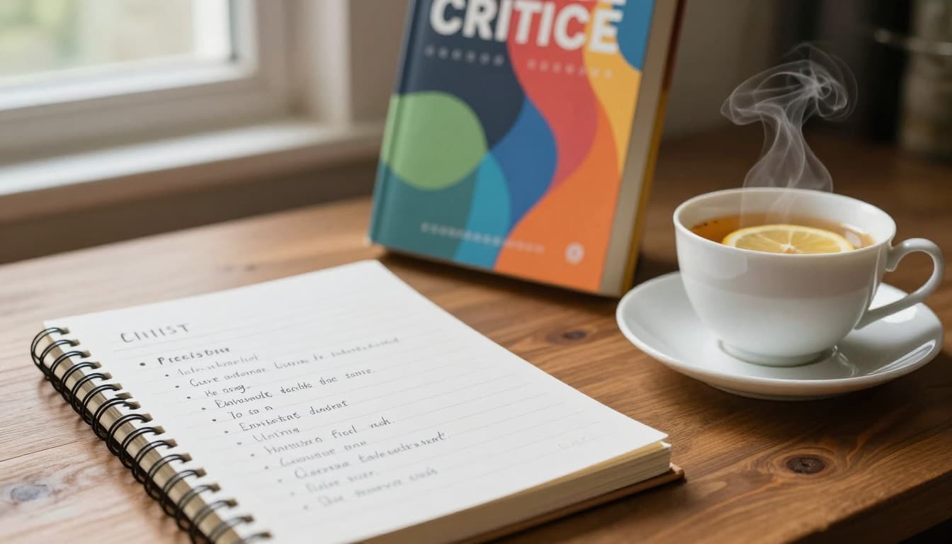 Hyperrealistic close-up of a spiral-bound notepad with handwritten checklist on a wooden desk, next to a colorful paperback novel and steaming teacup with herbal tea and lemon slice in a cozy home office.