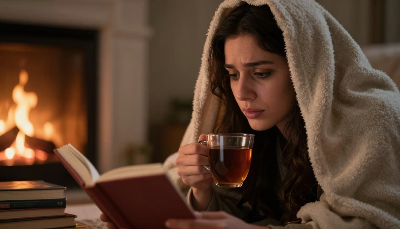 Hyperrealistic close-up of a woman curled up under a blanket with hot tea, her face showing deep emotion while reading in a cozy corner illuminated by fireplace glow, books stacked nearby.