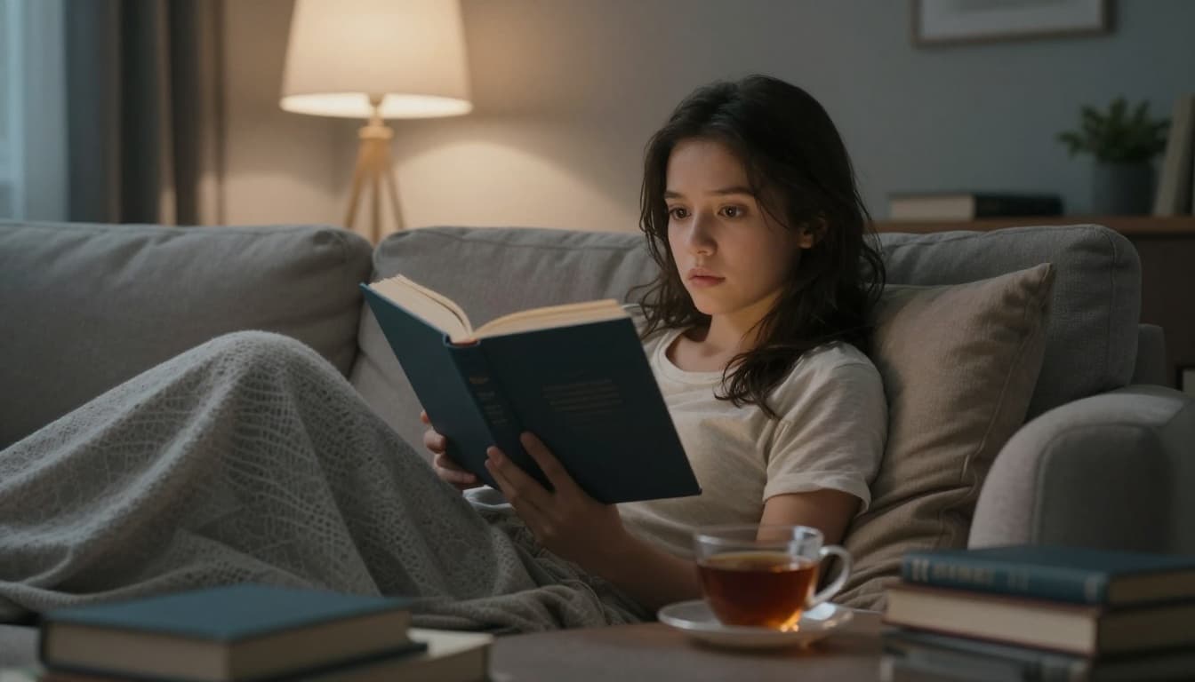 Hyperrealistic cinematic image of a reader curled up on a couch deeply engaged with a book, surrounded by pillows, a cup of tea, soft lamp light, and scattered books, conveying anticipation and reader expectations.