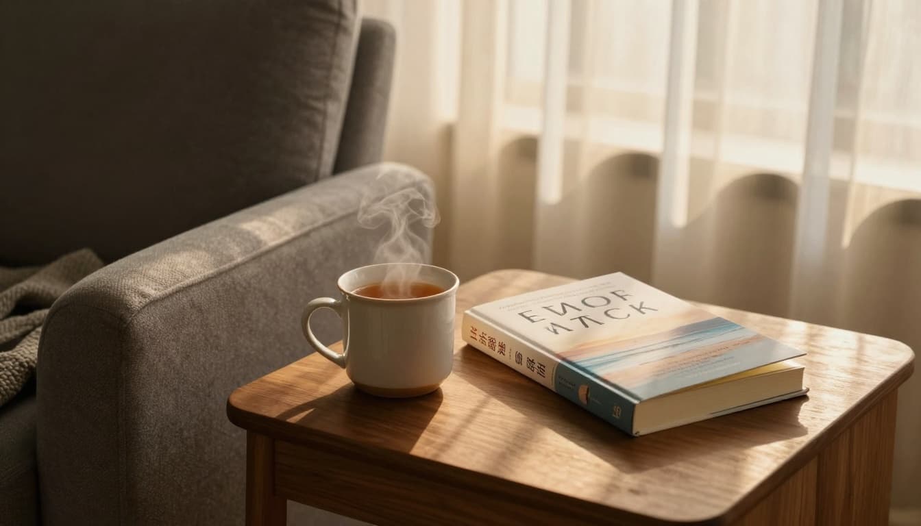 Hyperrealistic cinematic image of a cozy living room corner during golden hour, featuring a plush gray armchair with throw blanket, wooden side table with steaming tea mug and paperback novel with beach cover, sheer curtains filtering sunlight, detailed textures, serene mood.