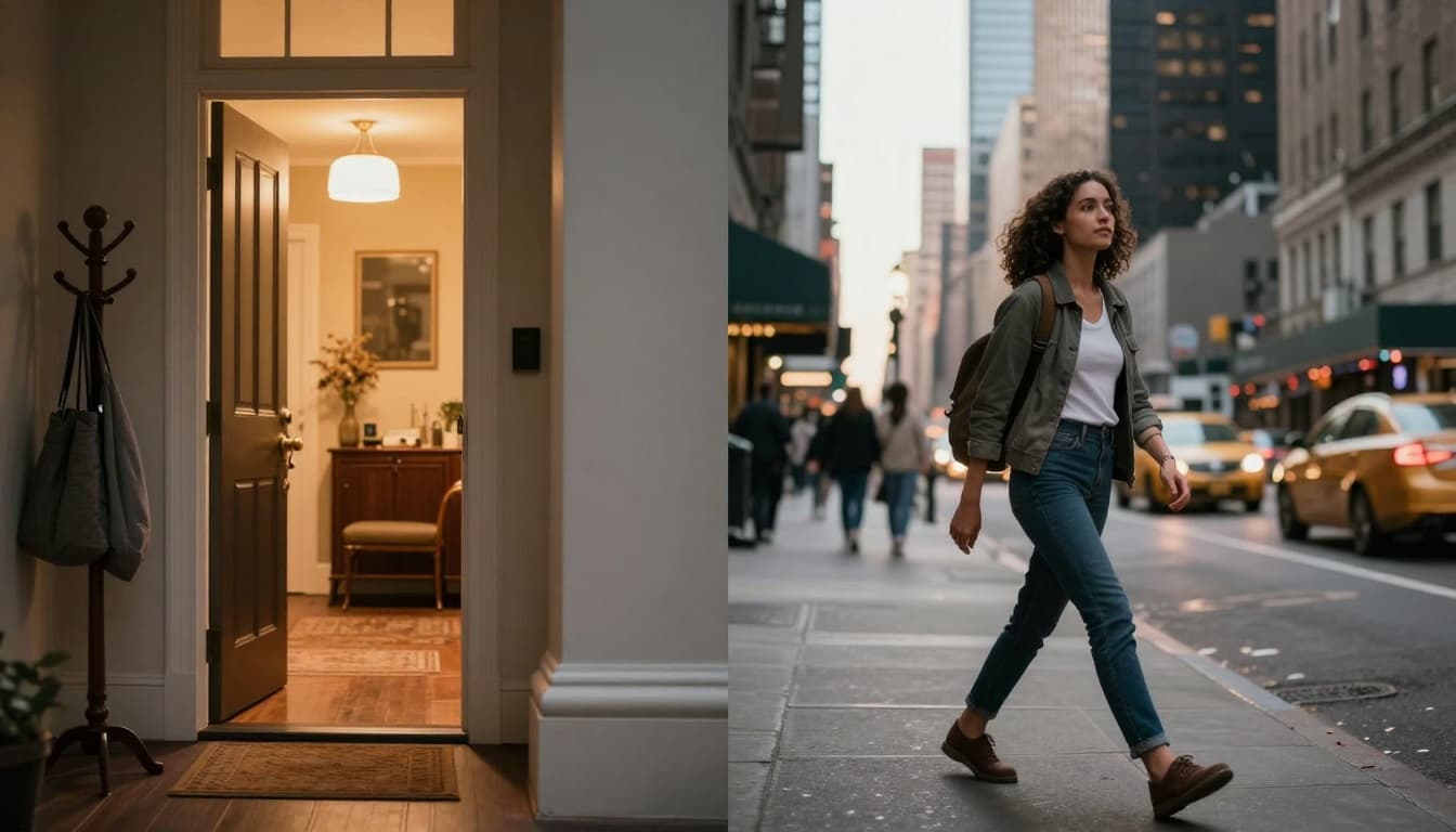 Split image divided vertically: left half shows inviting home doorway with warm light, cozy rug and coat rack; right half depicts woman walking purposefully amid skyscrapers and traffic, contrasting domestic warmth and urban adventure in hyperrealistic style.
