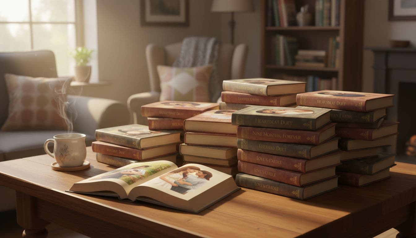 Hyperrealistic cinematic scene of a cozy wooden table in a warmly lit living room stacked with interracial pregnancy romance novels, soft sunlight streaming through a window, steaming tea mug nearby, and an open book on top.