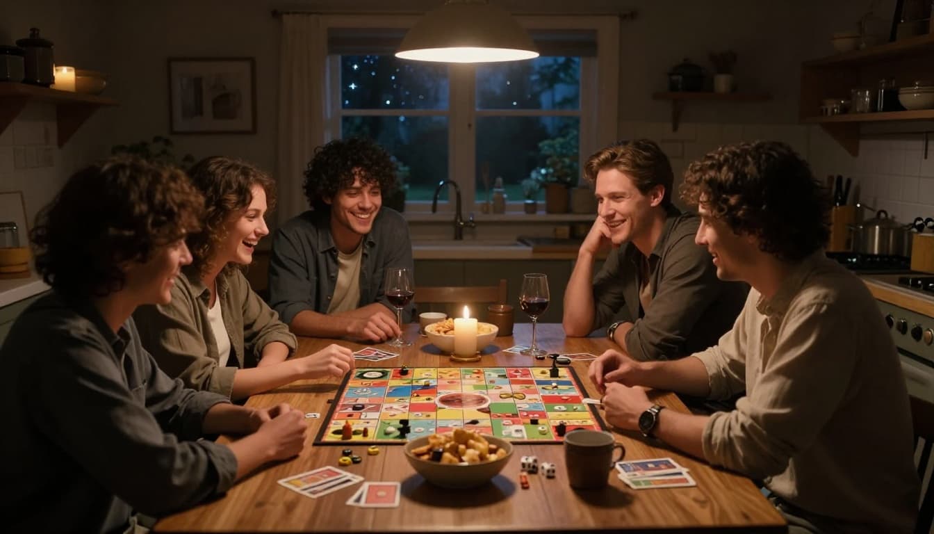 Hyperrealistic cinematic interior of friends laughing around a wooden table playing board games in a cozy kitchen, with warm pendant lights, flickering candles, snacks, wine glasses, and a starry night sky window. Focus on two people exchanging a knowing smile amid the intimate group.