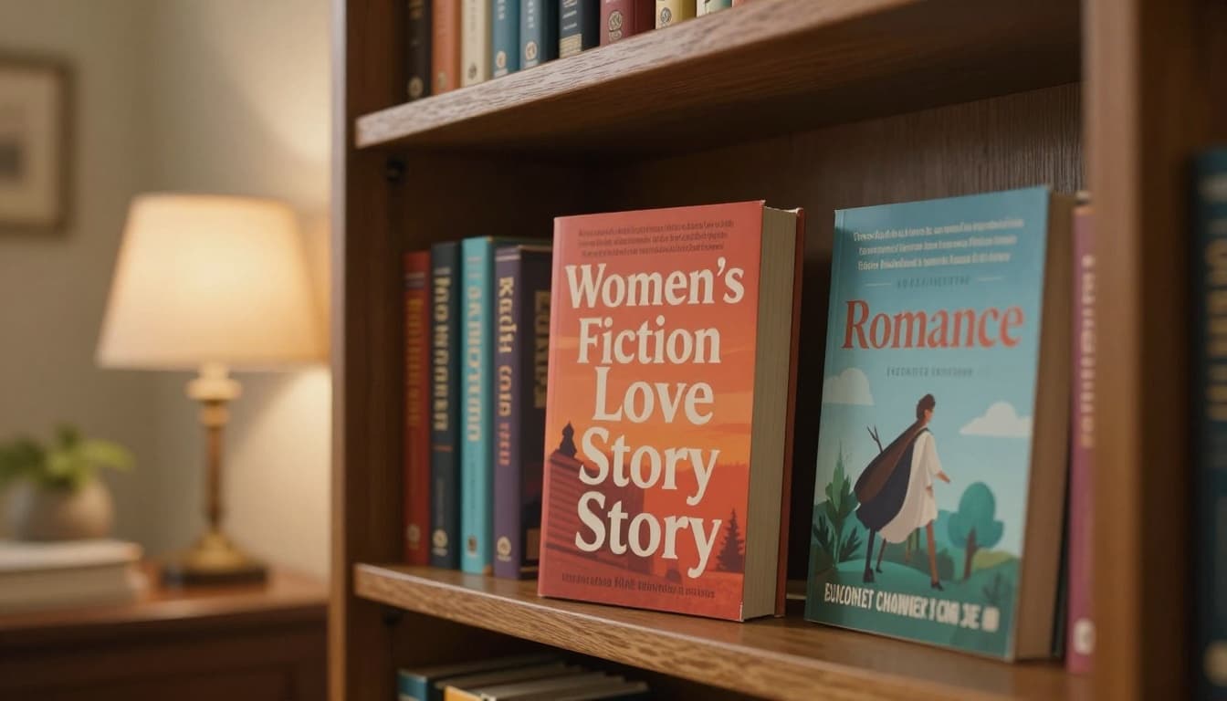 Hyperrealistic cinematic image of a wooden bookshelf in a cozy library, featuring prominent books labeled Women’s Fiction, Love Story, and Romance under soft warm lamp lighting with detailed textures.