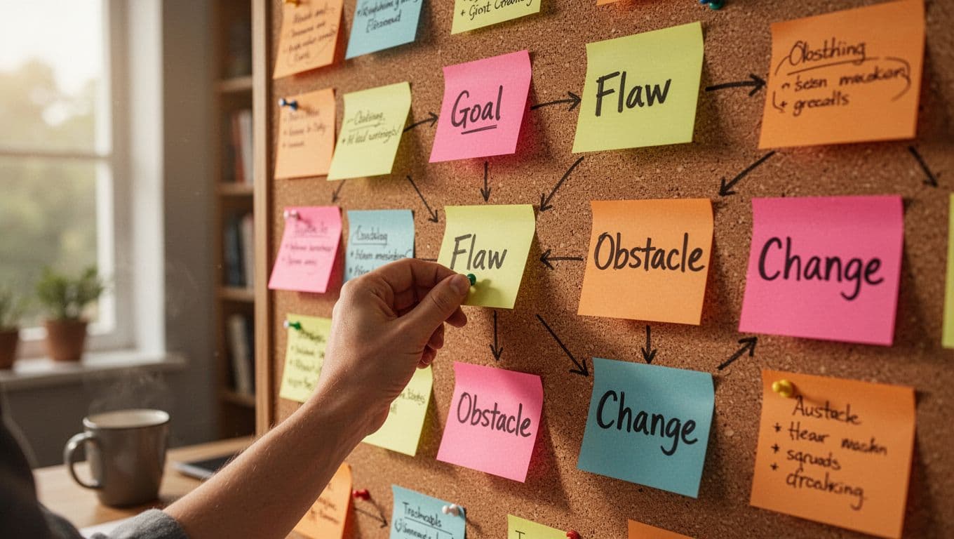 Hyperrealistic close-up of a corkboard wall in a cozy home office covered in colorful sticky notes labeled Goal, Flaw, Obstacle, and Change, connected by arrows like plot elements. A single hand pins a note in relaxed pose, with blurred bookshelves and coffee mug in soft natural daylight.