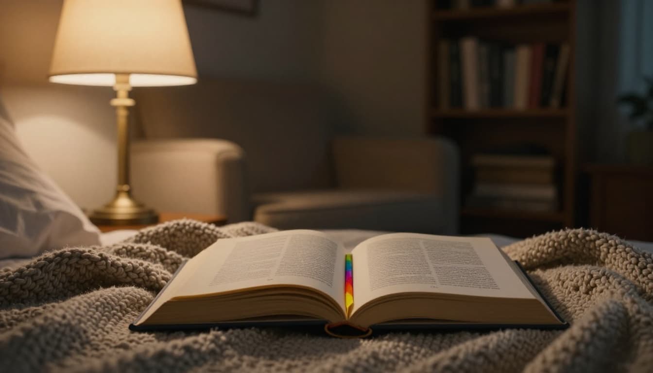 Hyperrealistic scene of an open hardcover book with ribbon bookmark on a soft knitted blanket, illuminated by warm bedside lamp glow in a serene bedroom with armchair and bookshelf.