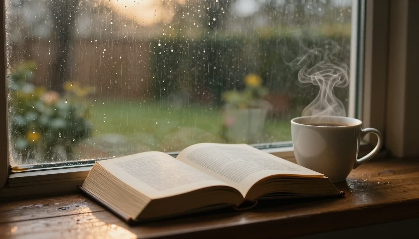 Hyperrealistic image of a well-worn open paperback novel next to a steaming coffee cup on a wooden windowsill, with rain outside and warm golden light filtering through. Serene cozy mood with sharp focus on book and cup, blurred rainy garden background.