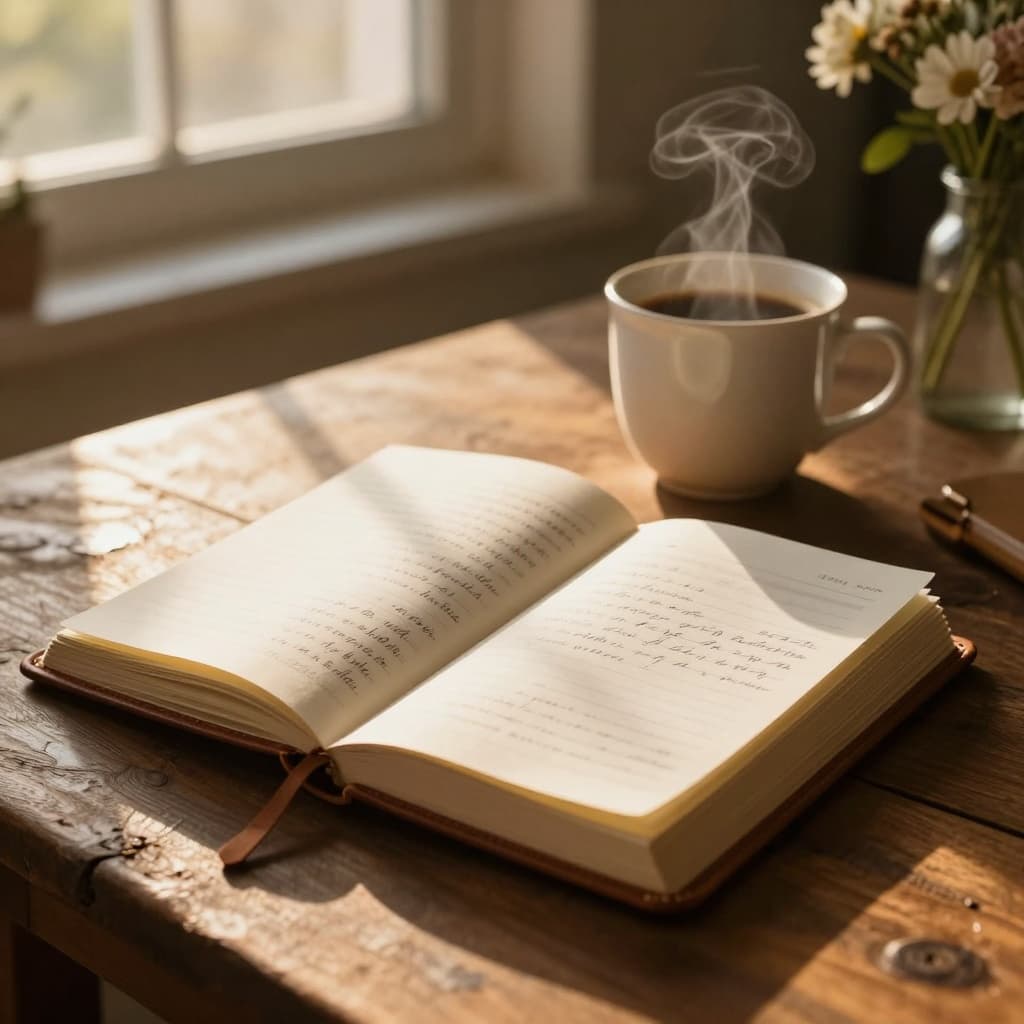 Close-up view of an open leather-bound journal filled with handwritten notes on a rustic wooden table beside a steaming white porcelain coffee mug, with warm golden sunrise light streaming through a window and fresh flowers nearby, evoking a hopeful and peaceful atmosphere.