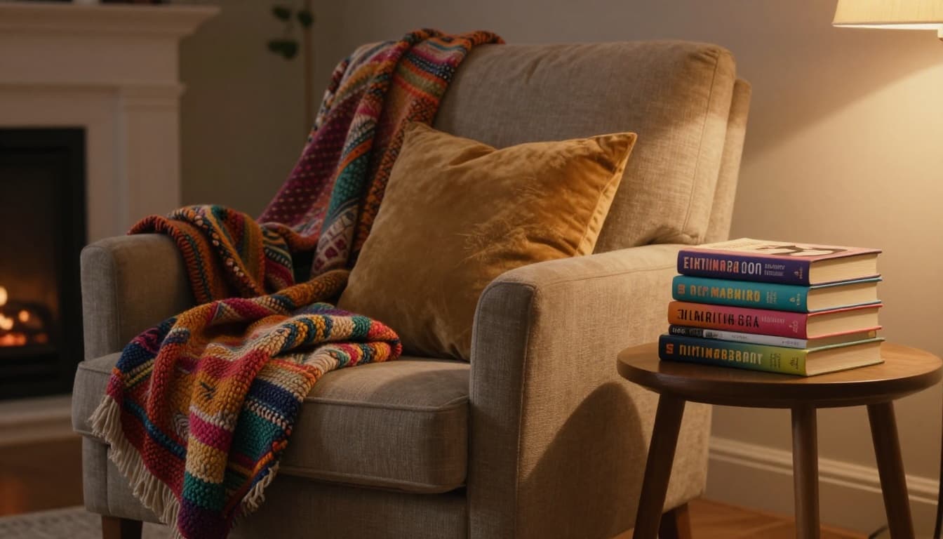 Hyperrealistic image of a plush armchair in a warmly lit living room, draped with a colorful knitted blanket and beside a side table stacked with colorful paperback books.
