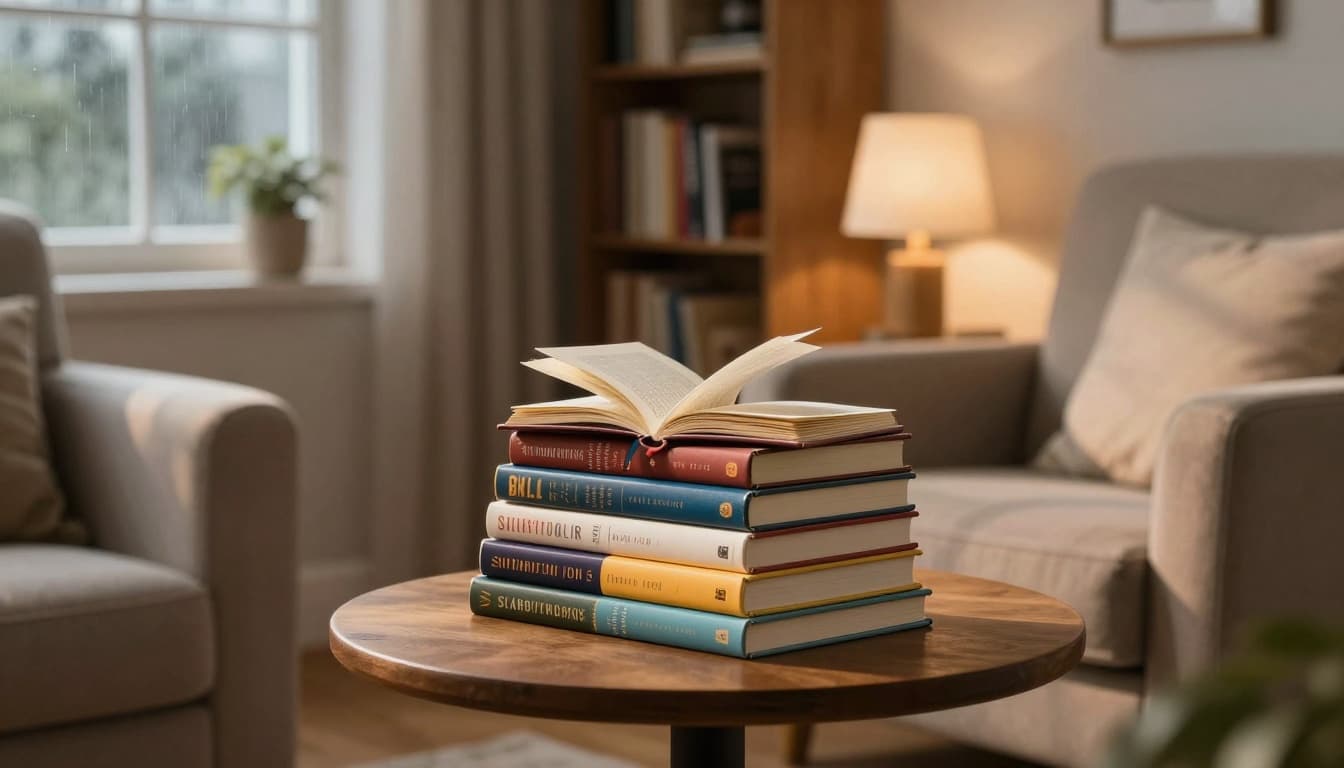 A cozy reading nook in a living room features a stack of colorful paperback novels on a wooden side table with protruding bookmarks, soft lamp light casting warm shadows, a comfortable armchair, bookshelf in the background, and a window showing a rainy day outside.