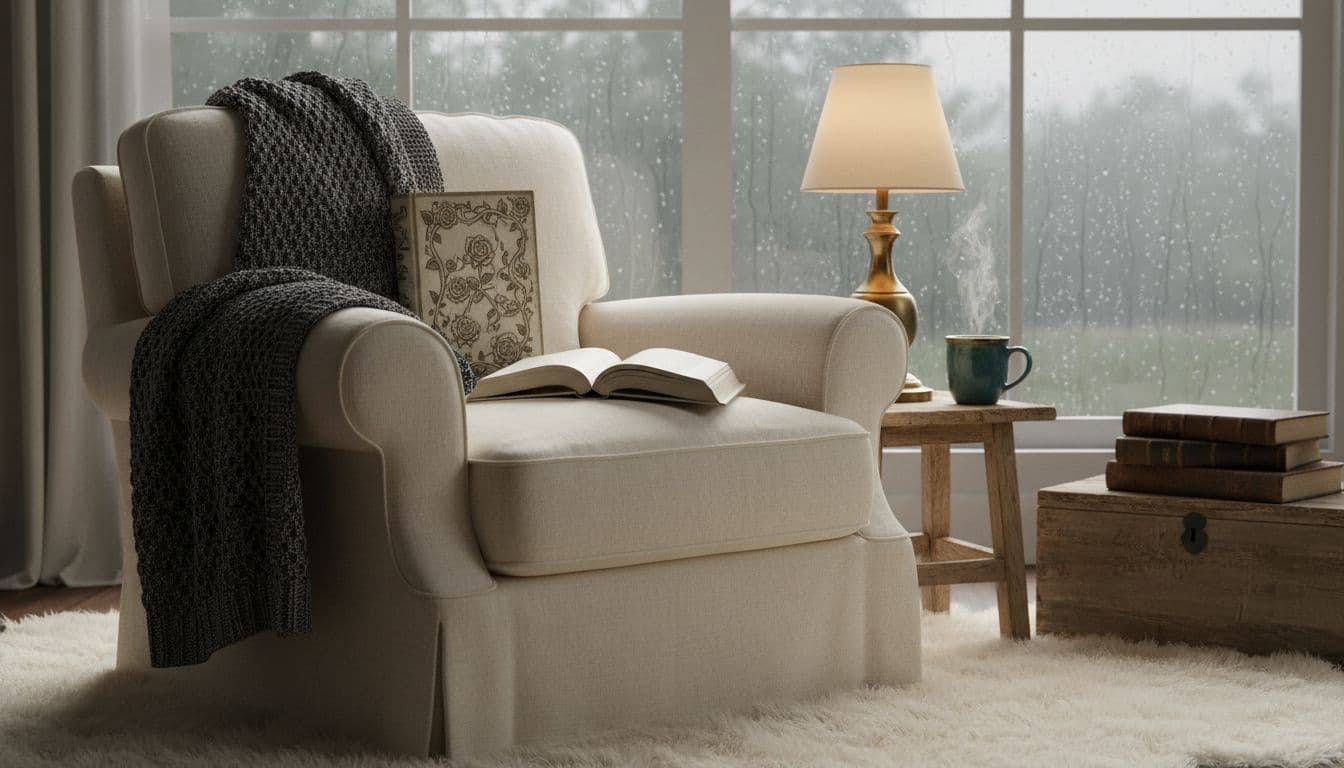 A hyperrealistic cozy reading nook with an open romance book on a chair, steaming cup of tea, rainy window view, soft lamp light, and draped blanket, evoking a relaxing intimate mood.