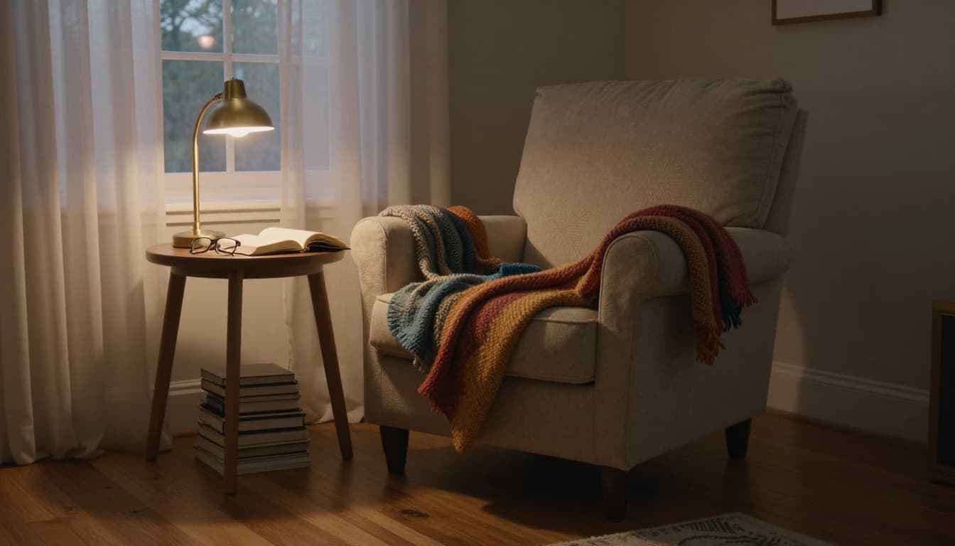 Hyperrealistic cinematic scene of a serene reading nook featuring an oversized armchair with knitted blanket, wooden side table with glowing lamp, open book, glasses, and stack of novels in a cozy living room corner with hardwood floors and soft evening light through sheer curtains.