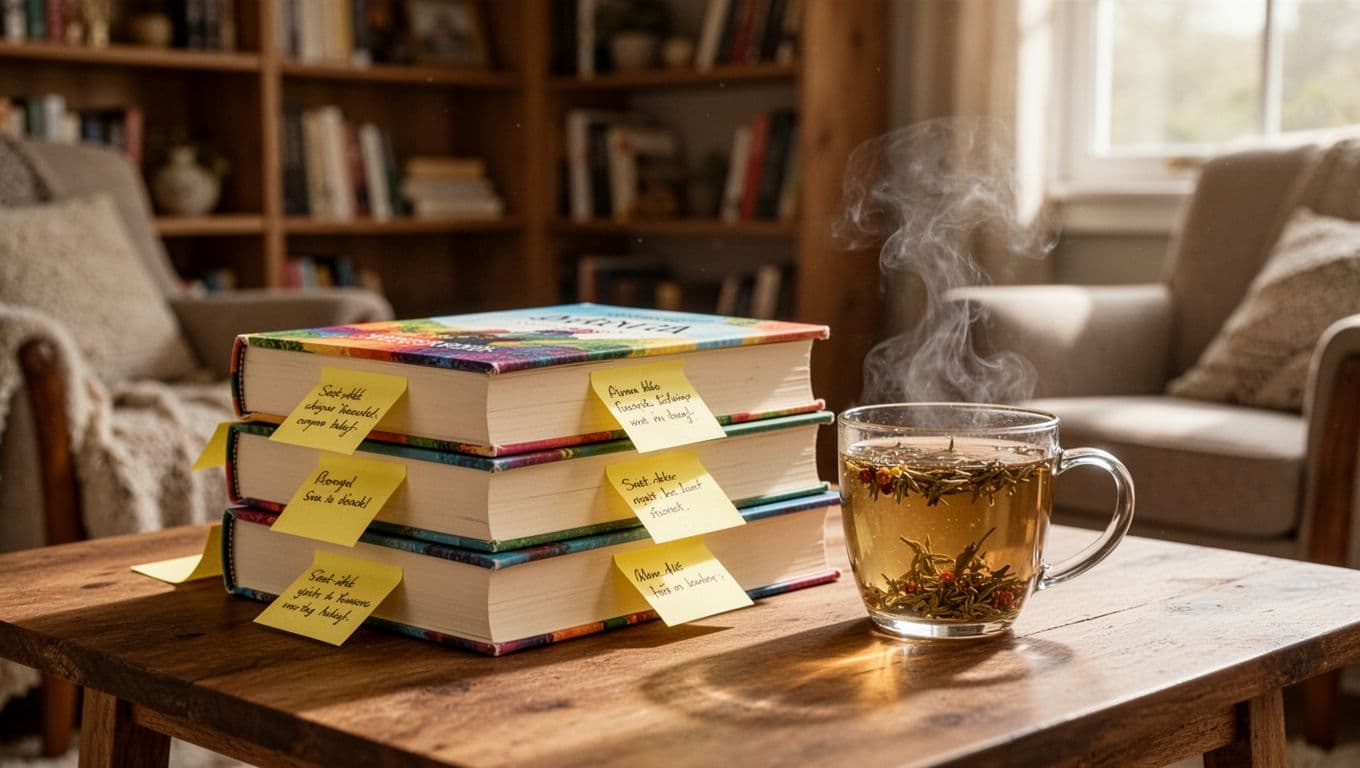 Hyperrealistic image of a stack of three paperback books with colorful covers and yellow sticky notes on a wooden table in a cozy reading nook, beside a steaming cup of herbal tea. Soft natural light illuminates the scene with bookshelves and a comfortable chair in the background.