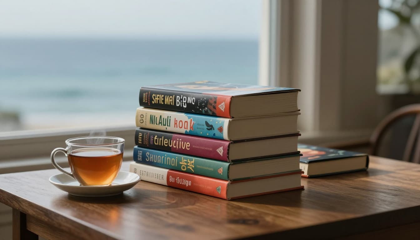 Hyperrealistic stack of colorful women's fiction books on a wooden table by an ocean-view window, with a cup of tea nearby in soft afternoon light, evoking a cozy, inviting reading atmosphere.