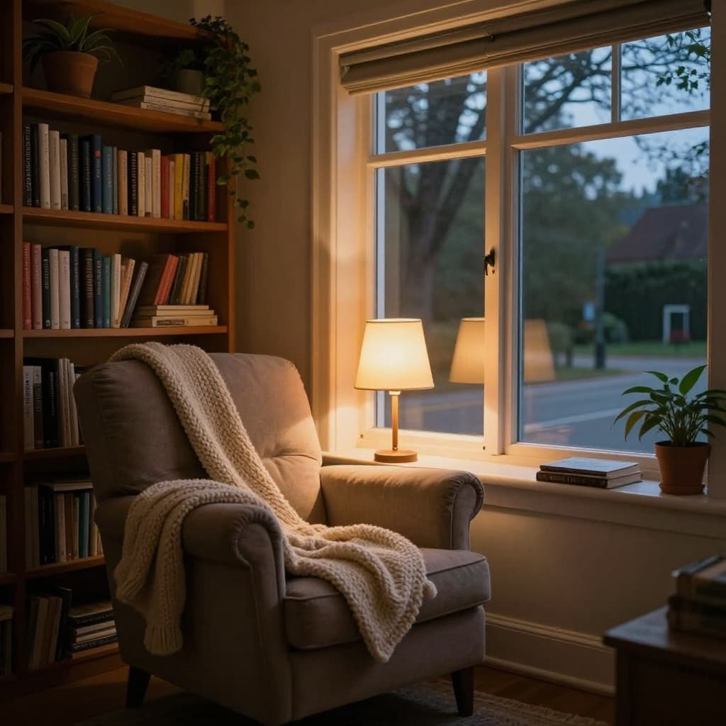 A hyperrealistic cozy reading nook features a comfortable armchair with knitted blanket, glowing lamp on side table, bookshelves with novels and plants, and a large window showing peaceful dusk street outside.