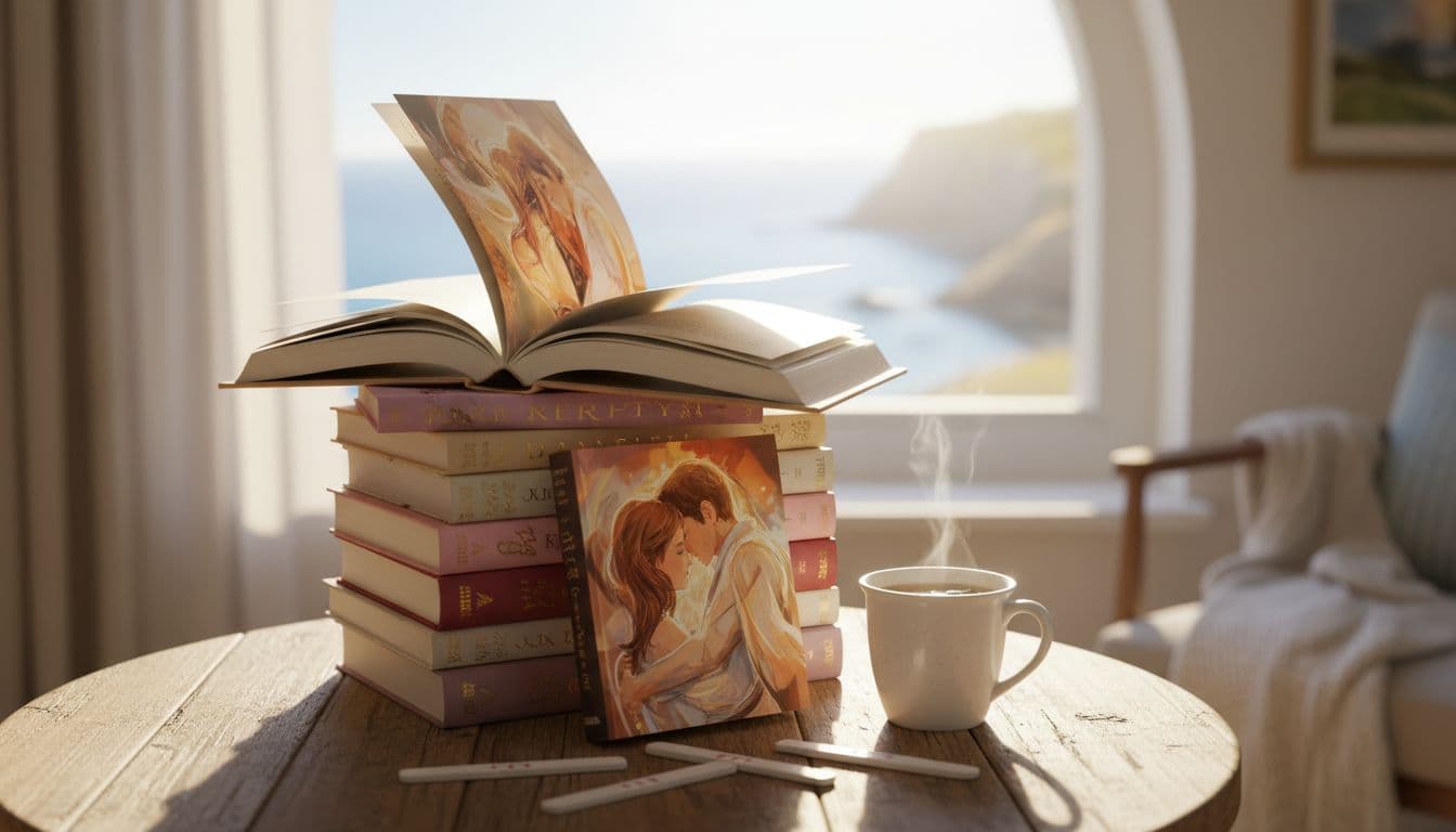 A stack of romance novels on a wooden table by a window overlooking the ocean, with one book open to a heartfelt scene, scattered positive pregnancy tests, and a cup of tea under soft natural light, creating an inviting and aspirational reading nook vibe.