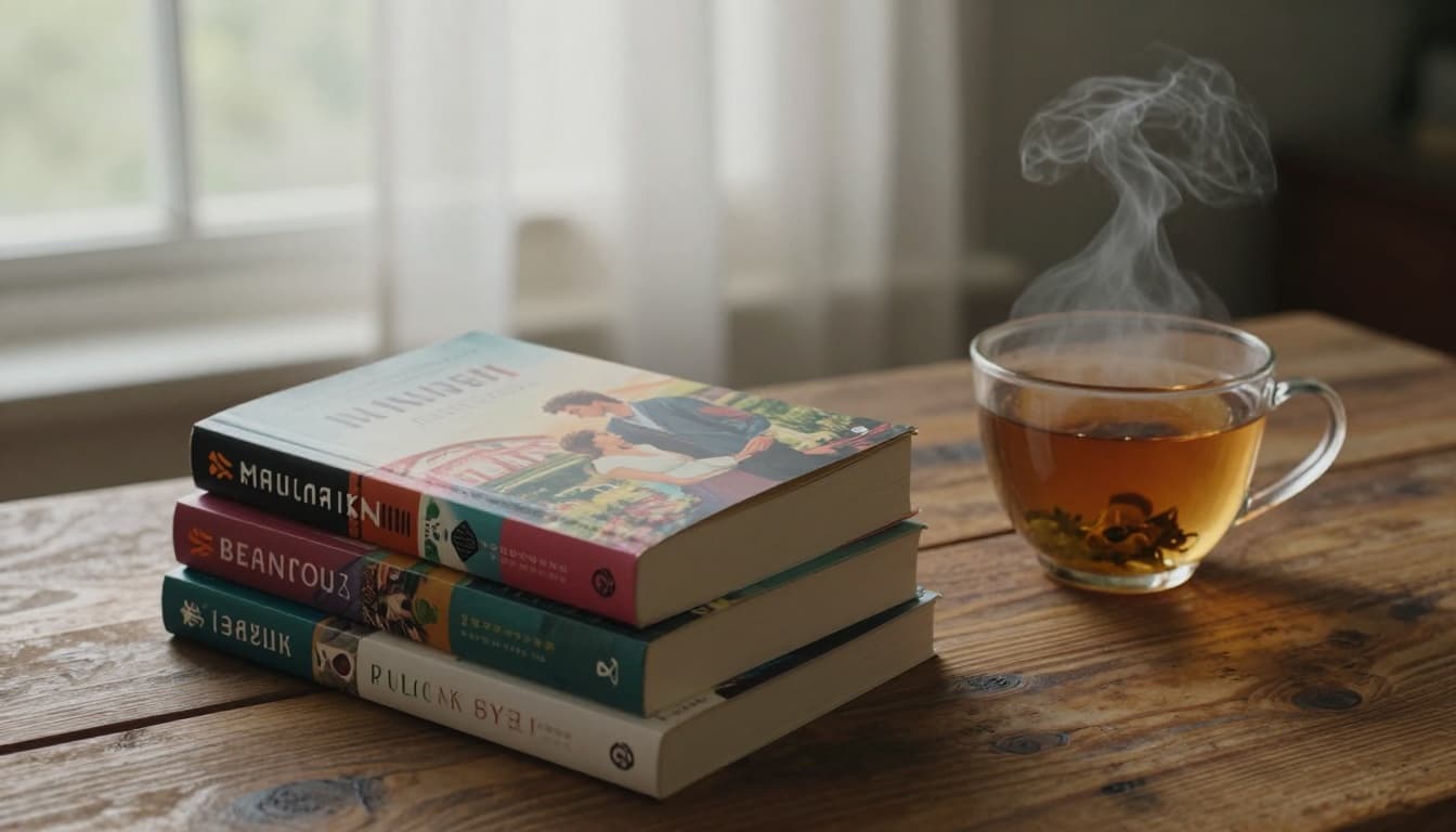 A stack of colorful paperback romance novels neatly arranged on a rustic wooden table beside a steaming cup of herbal tea, illuminated by soft natural morning light filtering through sheer curtains, creating a cozy atmosphere.