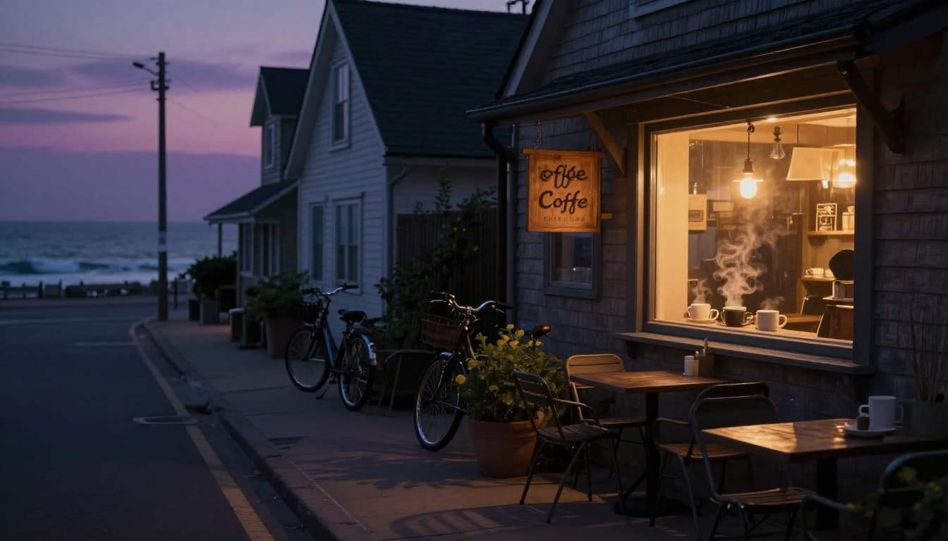 A quiet seaside street at dusk in a small coastal town, with warm golden light glowing from the window of a cozy coffee shop featuring a wooden sign and steaming mugs inside. Parked bicycles, potted plants along the sidewalk, clapboard houses, distant ocean waves, and empty cafe chairs in the foreground under a soft purple sky evoke a comforting, peaceful mood in hyperrealistic photorealistic style.