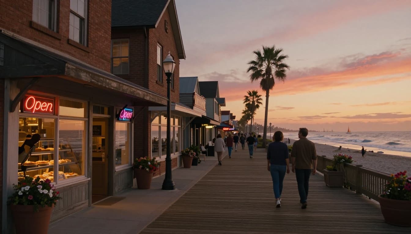 Hyperrealistic cinematic landscape of a cozy small town main street blending into a wooden seaside boardwalk at golden hour sunset, with charming diner and bakery storefronts, strolling people, ocean waves, sailboats, and palm trees under a vibrant sky.