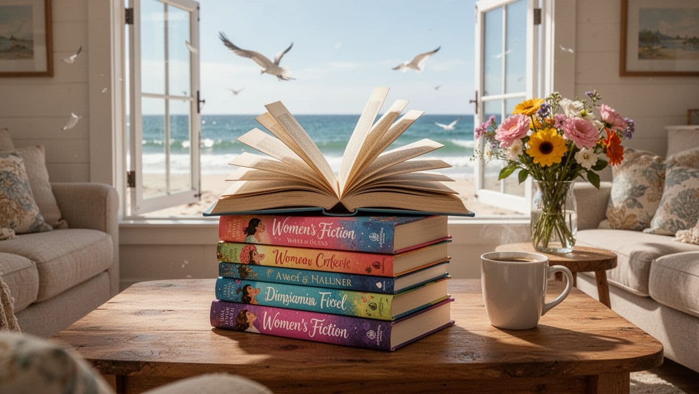 Hyperrealistic cinematic image of a stack of colorful women's fiction books on a wooden table in a sunlit beach house living room, with an open book pages turning in the ocean breeze, fresh flowers, and coffee mug nearby.