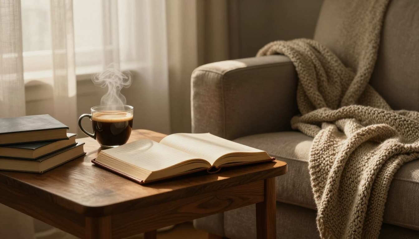 Hyperrealistic cinematic image of a cozy reading setup in a sunlit living room corner, featuring an open leather-bound journal on a wooden table beside a steaming mug of coffee, a soft armchair with knitted blanket, scattered books, and warm golden light filtering through sheer curtains, evoking quiet introspection.