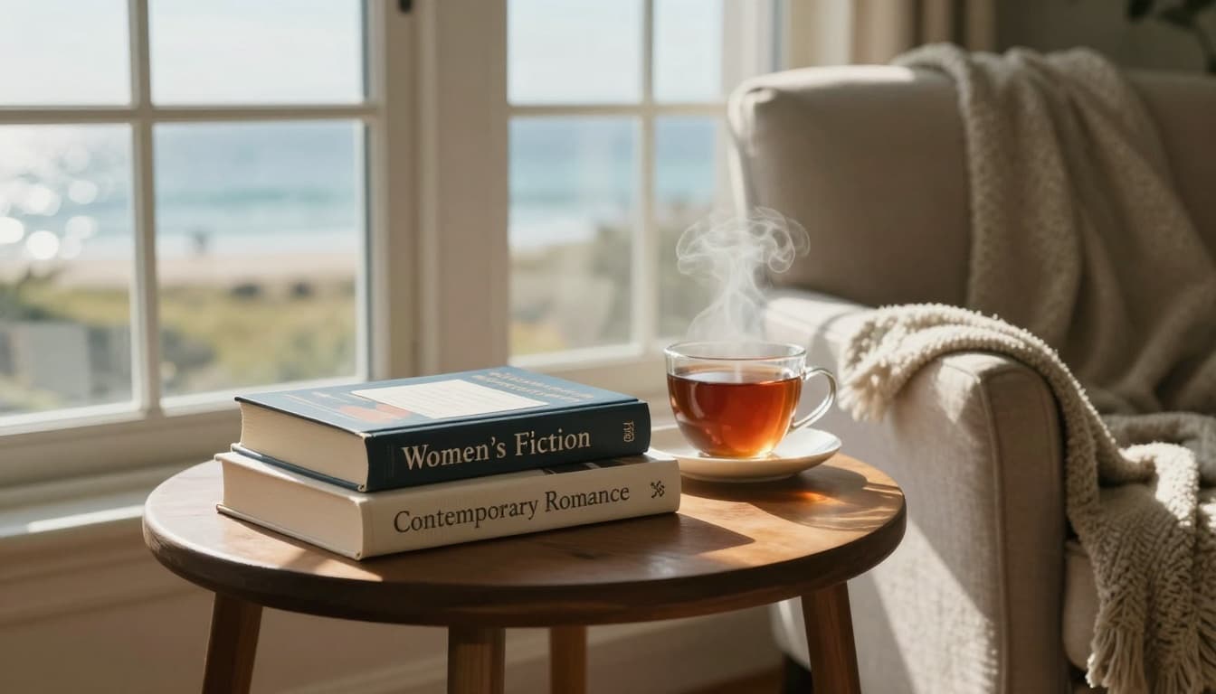 A hyperrealistic cozy reading nook in a sunlit room with natural light through large ocean-view windows, featuring stacked paperback books labeled 'Women’s Fiction' and 'Contemporary Romance', steaming tea, and a comfortable armchair with throw blanket.