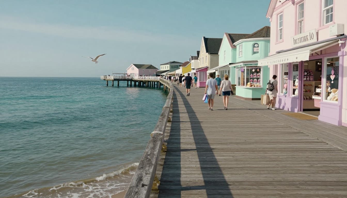 A cozy beach town pier of weathered wood extends far into calm turquoise ocean waters under a bright sunny sky, lined with charming pastel shops in soft pink, mint green, and lavender selling ice cream, souvenirs, and baked goods. Relaxed people in light summer clothes stroll with shopping bags, seagulls fly overhead, and gentle waves lap, with hyperrealistic details filling the entire canvas.
