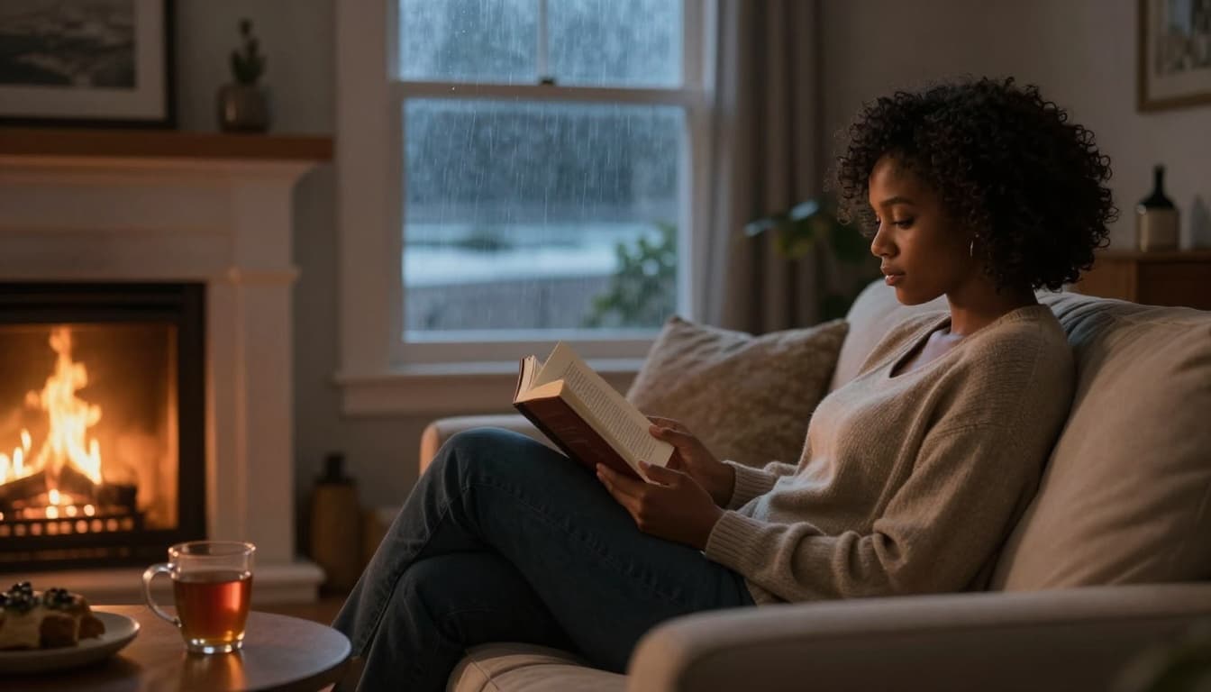 A woman curled up on a couch in a cozy living room reads a book beside a glowing fireplace, with rain outside the window silhouetting a beach and a mug of tea on the side table.