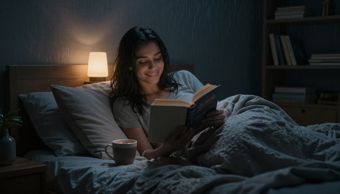 Hyperrealistic cinematic scene of a woman curled up in bed with blankets and hot cocoa, reading a romance novel by soft lamp light on a rainy night, smiling contentedly in a cozy bedroom.