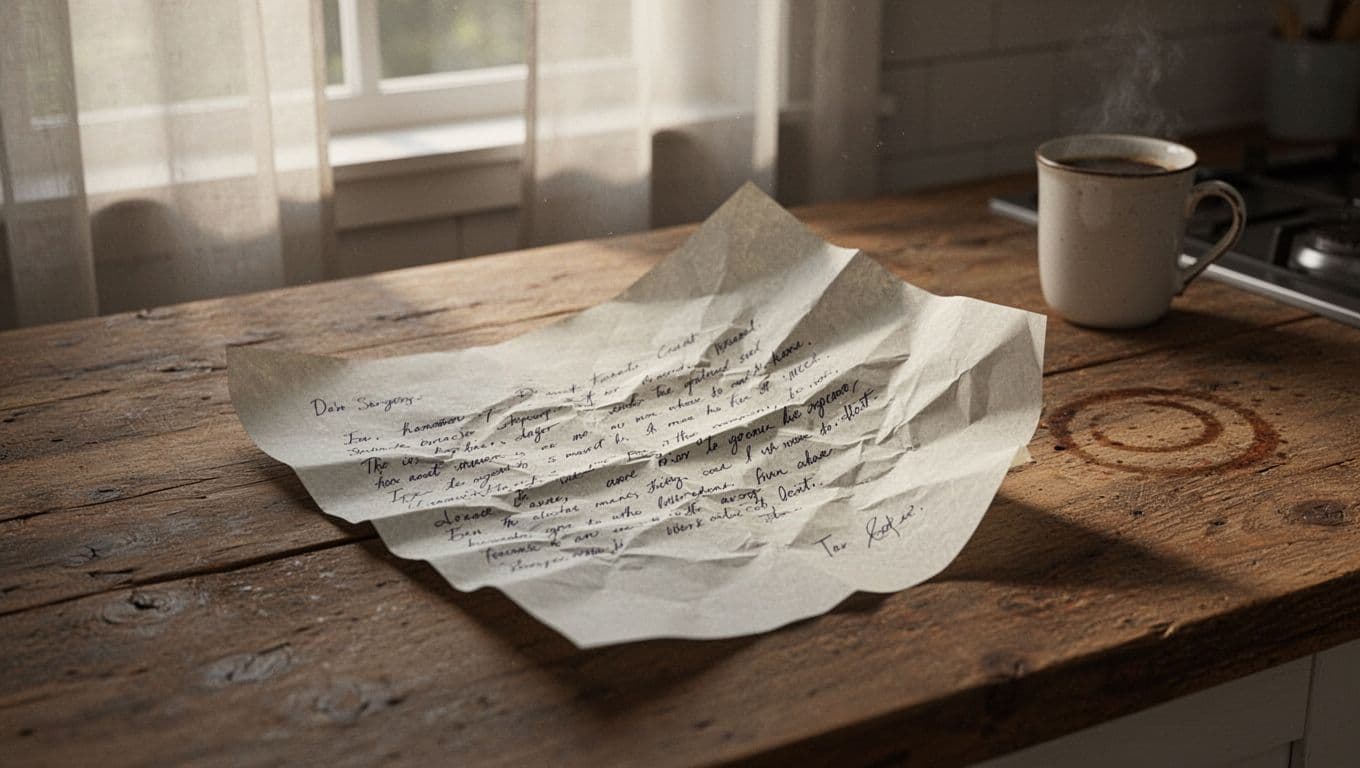 Hyperrealistic close-up of a crumpled handwritten letter partially smoothed out on a rustic wooden kitchen counter, with soft morning light filtering through sheer curtains and a faint coffee mug ring stain nearby.