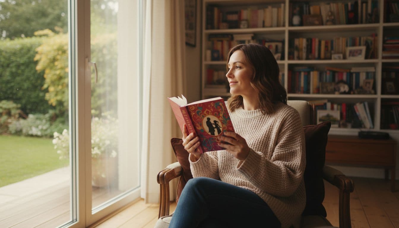 Hyperrealistic cinematic image of a woman in her 30s sitting by a large window in a cozy living room, holding a closed thick romance novel, gazing dreamily at the garden outside with soft warm afternoon sunlight illuminating her gentle smile.