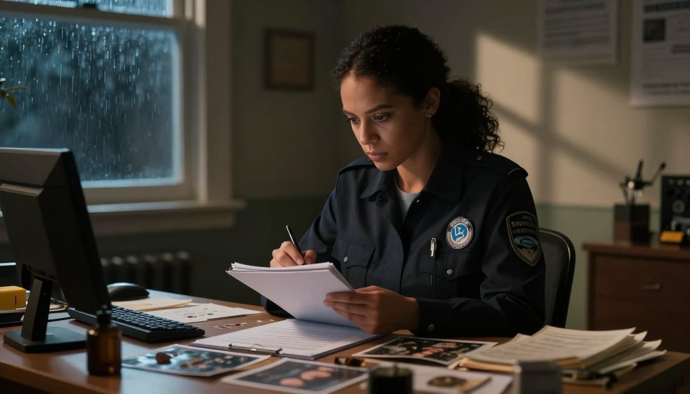 Hyperrealistic cinematic scene of a determined woman detective examining clues at a dimly lit crime scene, notebook in hand, with shadows on walls and rainy night outside the window.