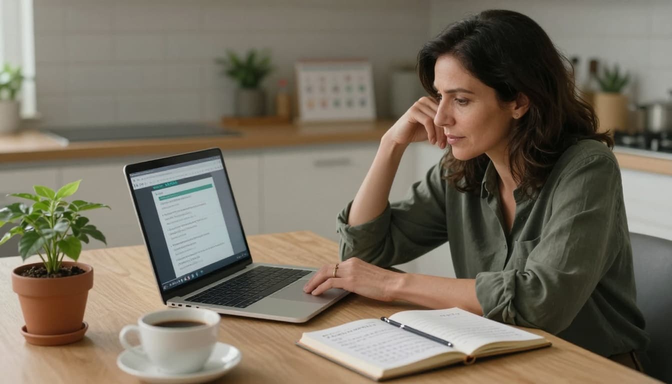 Hyperrealistic image of a mid-40s woman at a kitchen table with laptop open to an online course, notebook of budget notes, co-parenting calendar, thriving potted plant, coffee cup, in natural morning light, showing quiet determination and small joy.