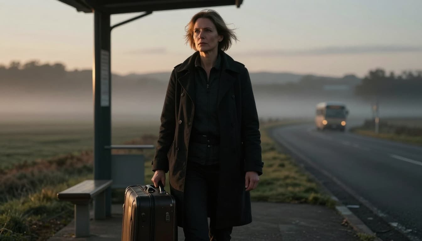 A determined middle-aged woman with short hair stands alone at a quiet rural bus stop, gripping a weathered suitcase as golden sunrise light illuminates her resolute face and windswept coat. Misty fields stretch into distant hills with a faint bus approaching on the horizon, evoking a serene hopeful mood.