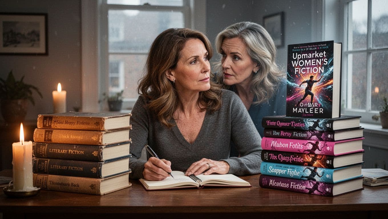 Hyperrealistic cinematic landscape of a woman in her 40s at a desk with two contrasting book stacks: thick contemplative literary fiction on the left under candlelight, slimmer dynamic upmarket women's fiction on the right; she glances discerningly between them under dynamic window lighting, with an open notebook.