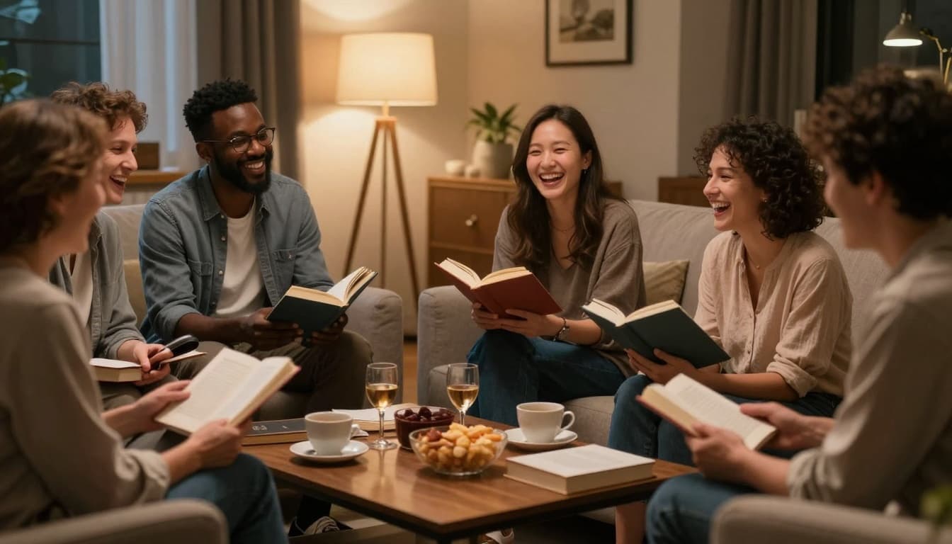 Hyperrealistic cinematic scene of a diverse mixed-gender group of six adults laughing and discussing books around a coffee table with snacks in a warm-lit living room.