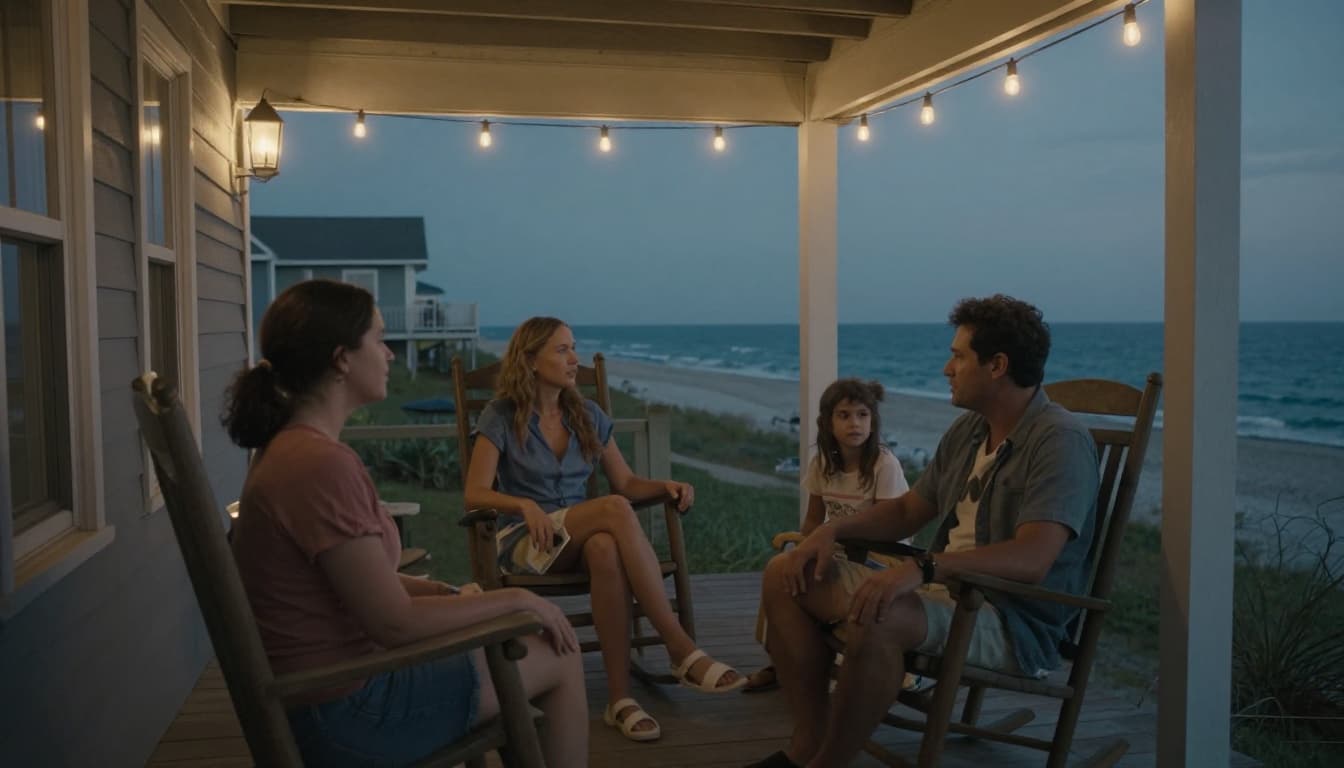 Hyperrealistic cinematic landscape of a diverse family on a cozy beach house porch at dusk, mother and daughter conversing with subtle tension and warmth, father and sibling nearby, ocean view, string lights, detailed wooden porch.