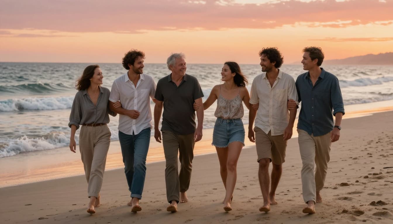 Diverse group of five adults walking side by side along a sandy beach at sunset, arms linked casually, laughing and talking amid gentle ocean waves and a warm orange-pink sky, conveying belonging and hope.