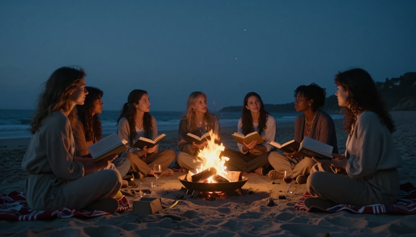 Hyperrealistic cinematic scene of diverse women sitting in a circle on beach sand at twilight, earnestly sharing books and talking around a glowing fire pit with emerging stars, blankets, and wine glasses, capturing a mood of deep connection and reflection on stories.