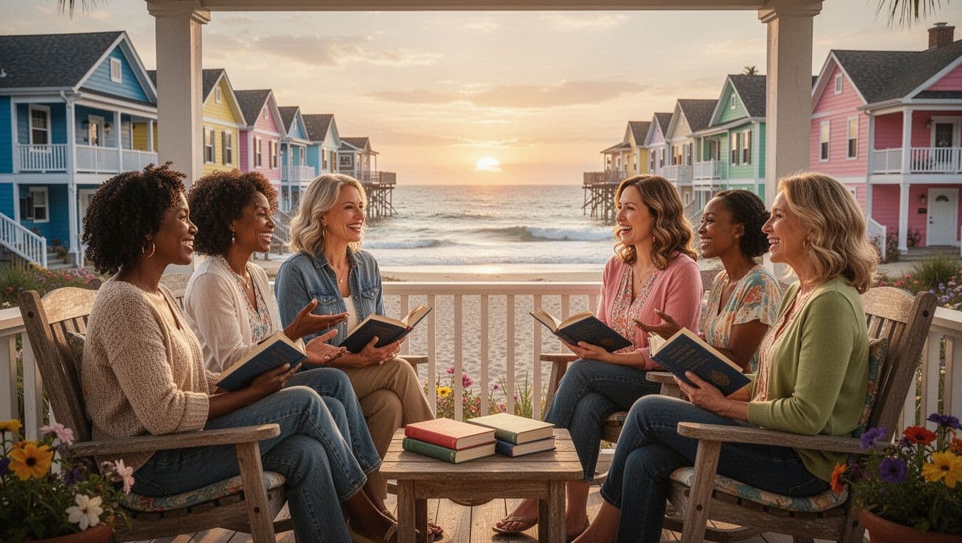 Hyperrealistic cinematic scene of four diverse women happily chatting in a book club on a porch overlooking the ocean in a vibrant beach town, bathed in warm golden hour sunset light with colorful houses and cozy atmosphere.