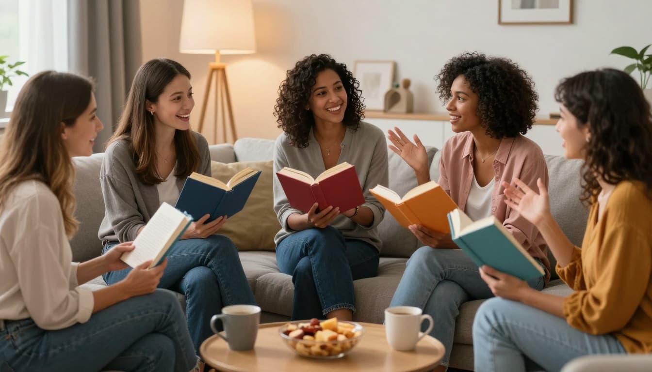 Hyperrealistic cinematic scene of five diverse women aged 25-55 of various ethnic backgrounds sitting in a circle on modern sofas in a bright living room, holding colorful paperback books and gesturing during an excited book club meeting. Warm lamp lighting illuminates joyful expressions, coffee mugs, snacks on a low table, emphasizing community and detailed textures.