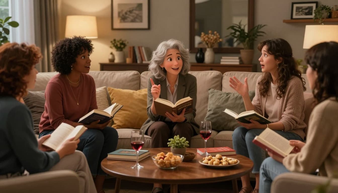 Hyperrealistic cinematic scene of a diverse group of women animatedly discussing books around a coffee table in a warmly lit living room, with wine glasses, snacks, and passionate gestures evoking cozy book club vibes.
