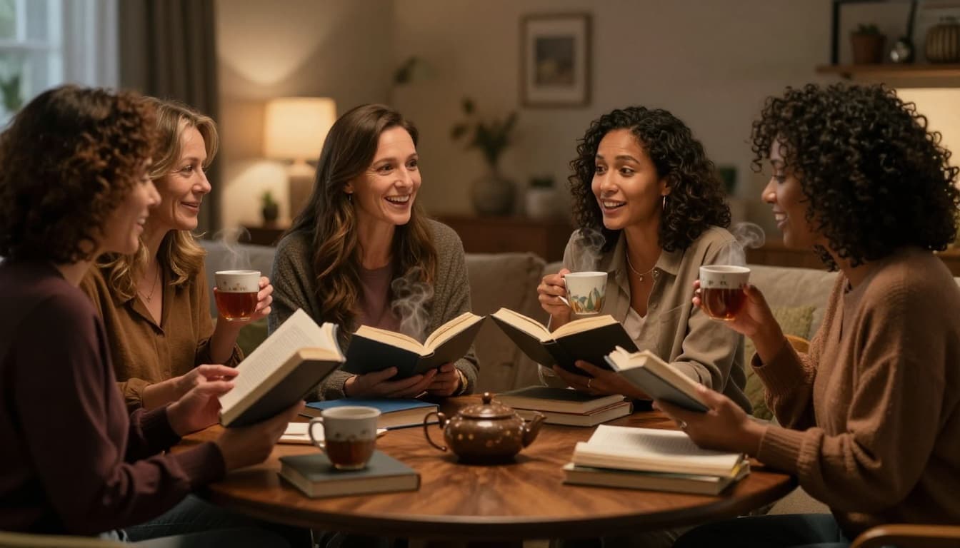 Hyperrealistic image of four diverse women friends aged 30-50 sitting around a low wooden table in a cozy living room, holding books and steaming tea mugs while engaged in lively conversation.