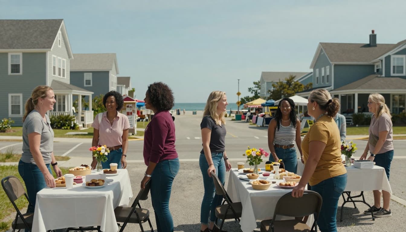 Hyperrealistic wide-angle shot of diverse women in a sunny coastal town square like Seabrook Island, setting up tables with baked goods and flowers for a community event, chatting, laughing, and helping each other amid colorful cottages and ocean glimpses.
