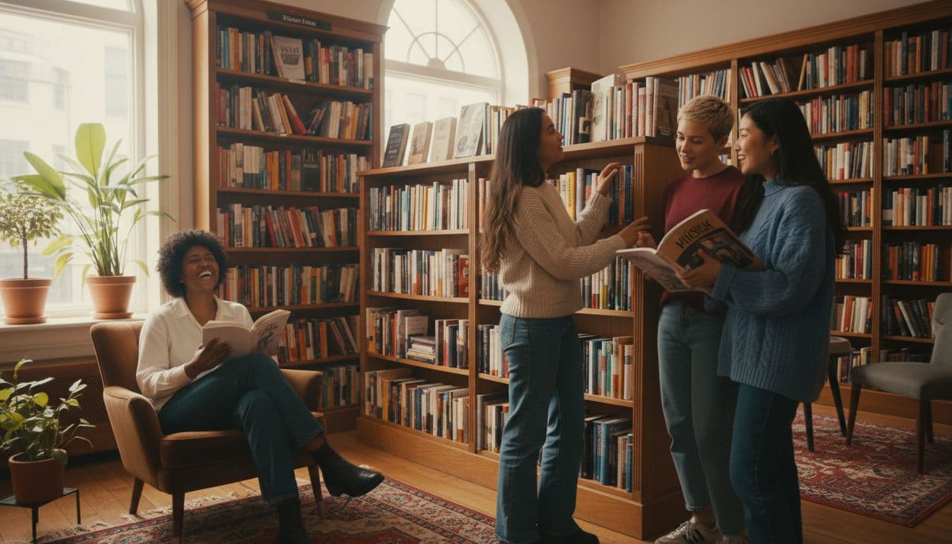 Three diverse women in a cozy bookstore: one laughing while reading, one thoughtfully browsing shelves, and one discussing a book with a friend, bathed in soft natural light with warm tones emphasizing empowerment and joy.