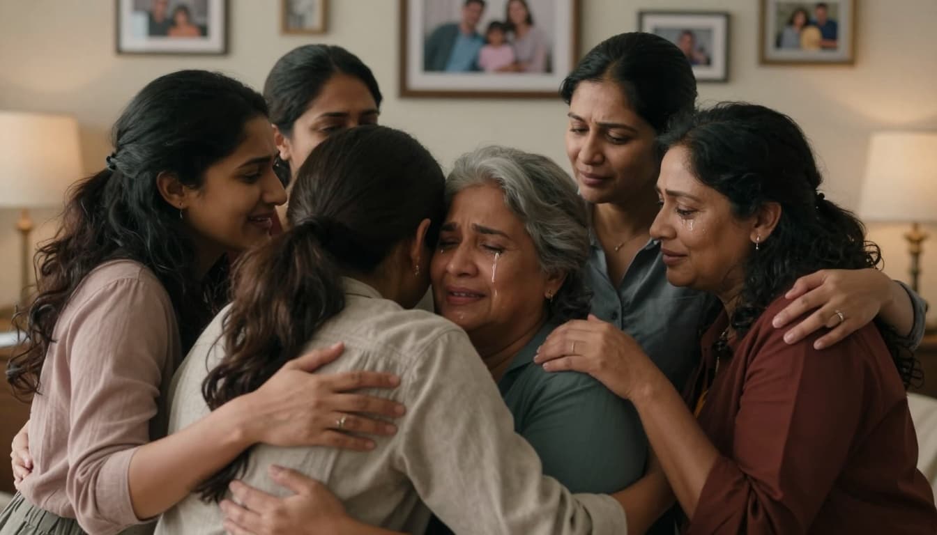 Hyperrealistic cinematic scene of diverse women of different ages sharing an emotional hug in a cozy living room, with tears of joy, family photos on walls, soft lamp light, and warm tones expressing forgiveness and love.