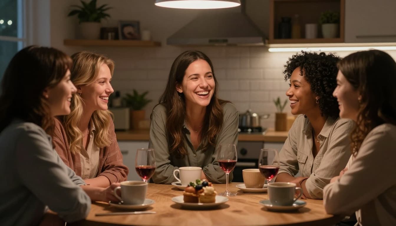 Hyperrealistic cinematic scene of diverse women friends laughing and hugging in a cozy kitchen at night during a supportive late-night talk, with coffee mugs, wine glasses, warm lamp light, and homey details emphasizing emotional connection and gratitude post-divorce.