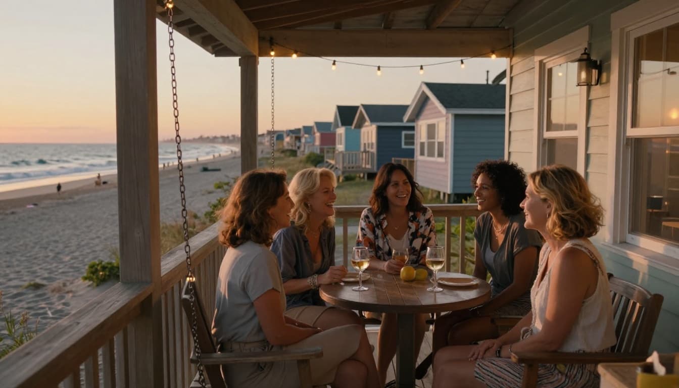 Hyperrealistic cinematic landscape of four diverse women in their 30s-50s laughing and chatting on a wooden porch of a cozy beach town cottage at golden hour sunset, with ocean waves, colorful houses, string lights, wine glasses, and a porch swing.
